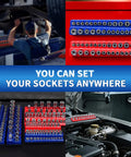 Magnetic Socket Organizer Set 8 Piece With Six Socket Trays And Two Wrench Racks Keeps Your Metric And SAE Sockets And Wrenches Sorted In The Toolbox Garage Or Workbench For Quick Grabs on display.