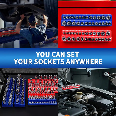 Magnetic Socket Organizer Set 8 Piece With Six Socket Trays And Two Wrench Racks Keeps Your Metric And SAE Sockets And Wrenches Sorted In The Toolbox Garage Or Workbench For Quick Grabs on display.