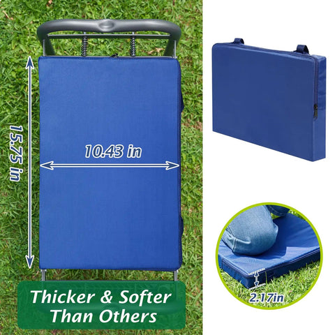 Beefy Heavy Duty Garden Kneeler And Seat With Thick Kneeling Pad, foldable, shown on grass with dimensions 15.75x10.43 inches.