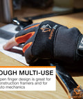 Leather Half Finger Framers Gloves Large Size Black And Orange With Open Fingertips For Maximum Dexterity And Heavy Duty Grip