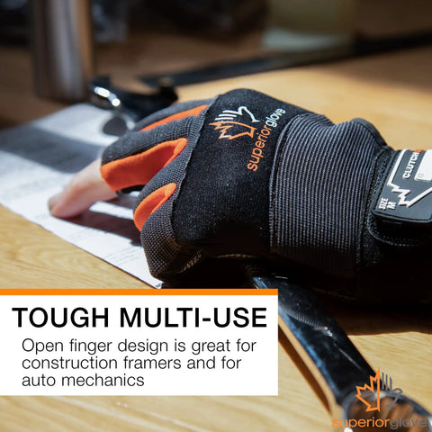 Leather Half Finger Framers Gloves Large Size Black And Orange With Open Fingertips For Maximum Dexterity And Heavy Duty Grip
