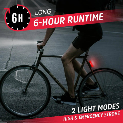 Cyclist using Front And Rear Bike Light Set With Batteries Included, 130 Lumen Front Light For Up To 6 Hours, 220 Degree Rear Light
