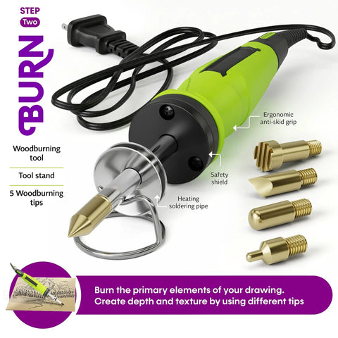 Beginner Wood Burning Kit For Kids And Teens, tool with safety stand, ergonomic grip, and 5 tips for DIY art projects.
