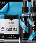 EVEO eyeglass cleaning kit with two spray bottles and blue microfiber cleaning cloth