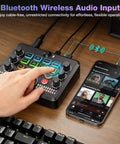 Using the All In One Live Sound Card Mixer With Gooseneck Mic And Voice Changer For Streaming Gaming And Recording On Phone PC And Laptop Bluetooth DSP Reverb Noise Reduction next to a smartphone.