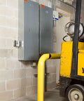 Four Foot By Three Foot Steel Machine Guard Safety Barrier Hollow Fillable Guardian Built For Forklift Zones Protects Walls Electrical Boxes And Moving Machinery From Hazards Heavy Duty Shield installed by forklift zone.