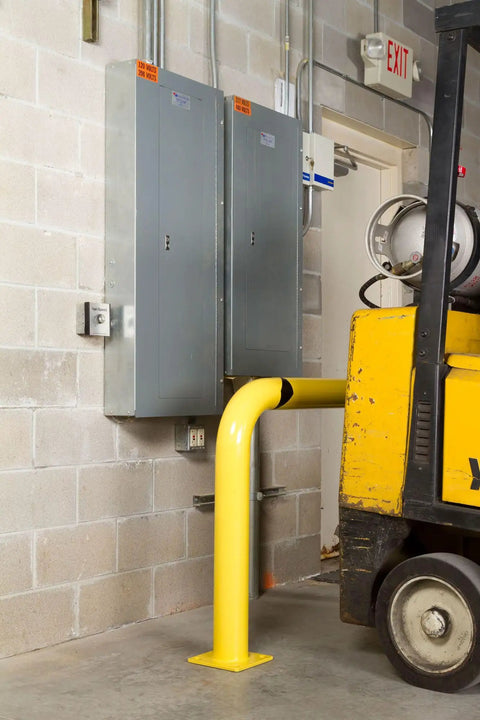 Four Foot By Three Foot Steel Machine Guard Safety Barrier Hollow Fillable Guardian Built For Forklift Zones Protects Walls Electrical Boxes And Moving Machinery From Hazards Heavy Duty Shield installed by forklift zone.