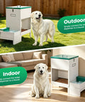 No Sweat Elevated Dog Feeding Station With Heavy Duty Metal Gravity Bowl And Six Liter Automatic Water Dispenser For Active Doggos Up To Fifty Pounds Always, shown indoors and outdoors with a dog.