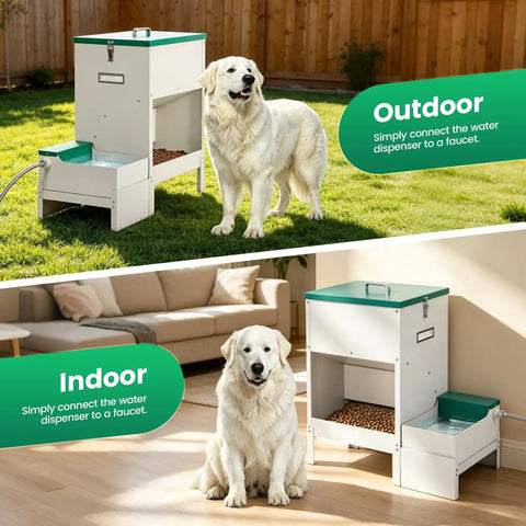 No Sweat Elevated Dog Feeding Station With Heavy Duty Metal Gravity Bowl And Six Liter Automatic Water Dispenser For Active Doggos Up To Fifty Pounds Always, shown indoors and outdoors with a dog.