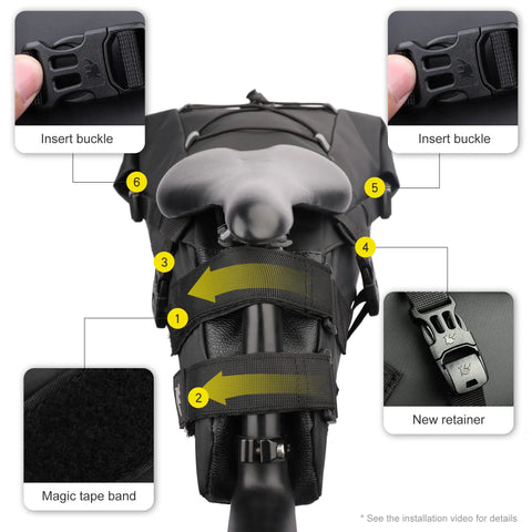 Waterproof Bike Saddle Bag With Expandable 10L And 13L Capacity Under Seat Pouch for tools and essentials, black, rear view.