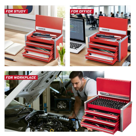 Various uses of 106 Piece Impact Screwdriver Bit Set With Three Drawer Steel Toolbox Complete Home Repair Kit in different settings.