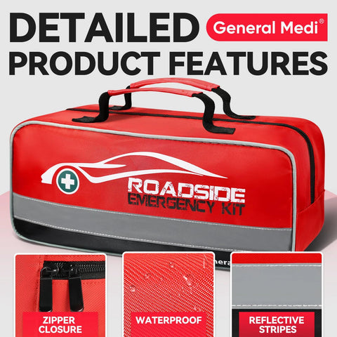 General Medi roadside emergency kit bag, red with gray base and reflective stripes