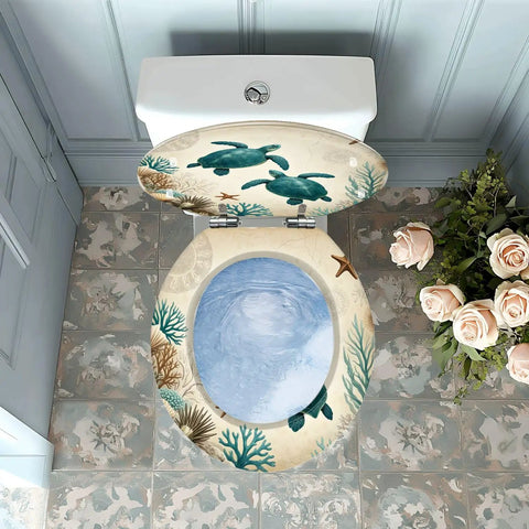 Teal Resin Toilet Seat for Bathroom with marine life design, installed over a toilet, showing coral and turtle details.