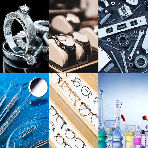 Assorted tools, watches, jewelry, glasses, and lab equipment that can be cleaned with a 15L Ultrasonic Cleaner With Digital Timer And Heater