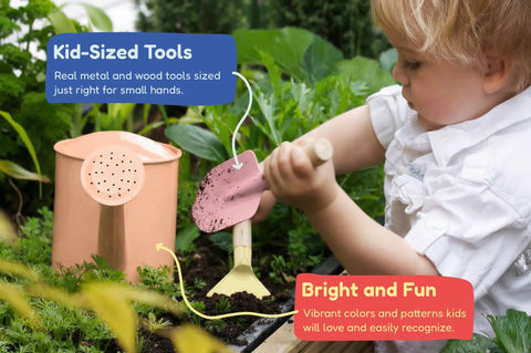 Child using Kid-Friendly Garden Tool Set For STEM Fun With Tote Bag Watering Can Shovel Rake Trowel Gloves And Egg Hunt Play