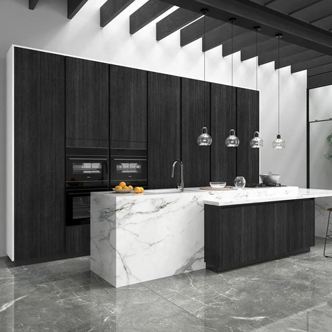 Modern kitchen with Black Wood Countertop Contact Paper Peel And Stick Waterproof Self Adhesive Faux Wood Grain Vinyl Wrap