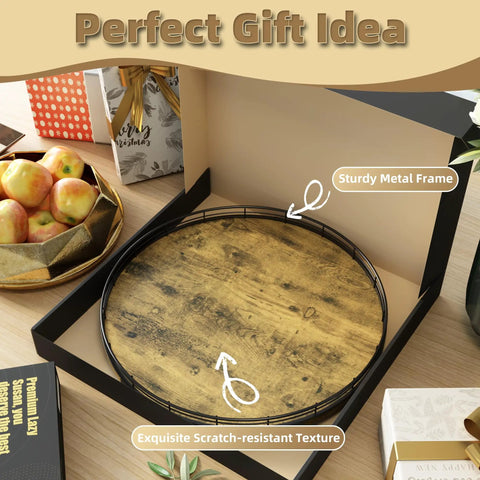 Slick Sixteen Inch Round Wooden Lazy Susan Turntable Organizer For Smooth Kitchen Countertop with metal frame and wooden surface.