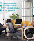 Office scene with text about 2 Inch Black Silent Chair Wheel Replacement Set, Stemless Casters for Office Furniture, Quiet Glide, No Squeak, 5 Pack