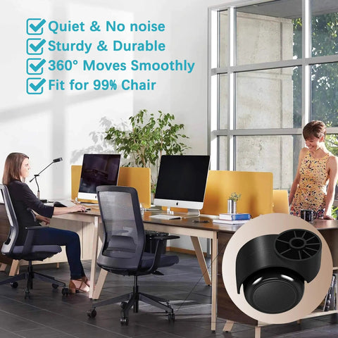 Office scene with text about 2 Inch Black Silent Chair Wheel Replacement Set, Stemless Casters for Office Furniture, Quiet Glide, No Squeak, 5 Pack