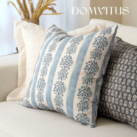 Floral Throw Pillow Covers 18x18 Inch Set Of 2 Light Blue Floral Block Print Decorative Pillow Covers For Couch Sofa Bed Living Room Neutral Farmhouse Boho Cozy Home Decor Cover Only, shown on sofa