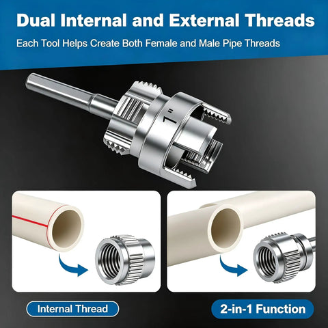 Dual internal and external threading tool from 3 Piece Pvc Pipe Threader Set With 1/2 In, 3/4 In & 1 In Npt Dies.