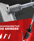 Close-up of EZARC tungsten carbide rotary burr SB-5 with 1/4" shank, double-cut, mounted in a die grinder