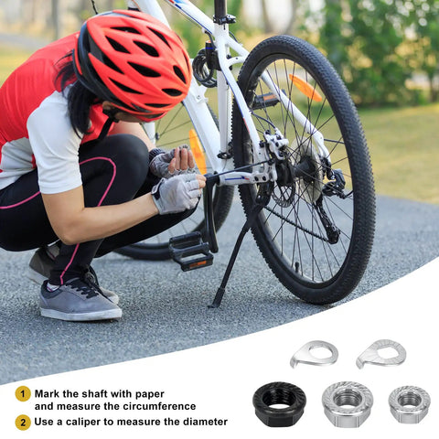 Cyclist using Durable Carbon Steel Bike Hub Nut And Safety Washer Kit with M8 M9.5 M10 for mountain bike wheel installation.