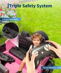 Child sitting in Licensed 24V Kids Ride On Truck Two Seater with Parent Remote Control, shown with safety features.