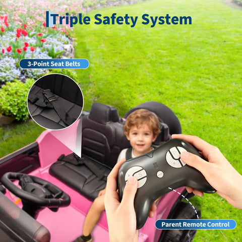 Child sitting in Licensed 24V Kids Ride On Truck Two Seater with Parent Remote Control, shown with safety features.