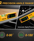 Badass Accuracy Magnetic Digital Level And Protractor Angle Finder With Absolute Relative Measurements For Tough Job Sites And Weekend Warriors delivering angle readings on a metal surface.