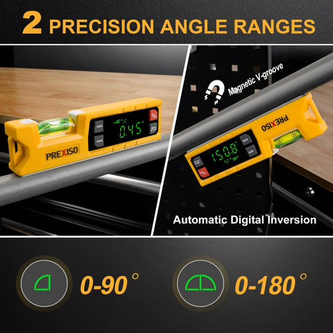 Badass Accuracy Magnetic Digital Level And Protractor Angle Finder With Absolute Relative Measurements For Tough Job Sites And Weekend Warriors delivering angle readings on a metal surface.
