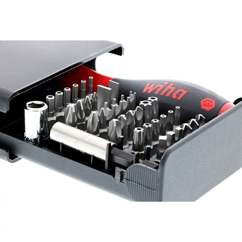Close-up of 39 Piece Security Bit Set with tamper resistant Torx, Hex, Spanner, and Tri Wing bits in a durable case.