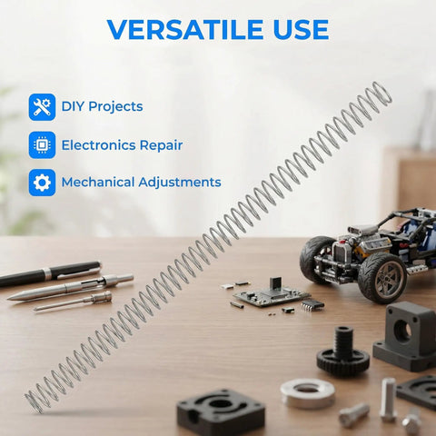 Two Pack 0.8mm Wire Compression Springs, 10mm Outer Diameter, 300mm Long, Steel Pen Springs for Repair Shops, Home DIY Projects, and Hardware Fixes with High Elasticity and Durable Build displayed on a desk with tools and model car parts