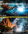 Welder using Versatile 140 Amp Mig Welder 2 In 1 Stick And Flux Core Arc Welder with sparks flying in workshop