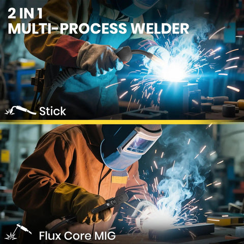 Welder using Versatile 140 Amp Mig Welder 2 In 1 Stick And Flux Core Arc Welder with sparks flying in workshop