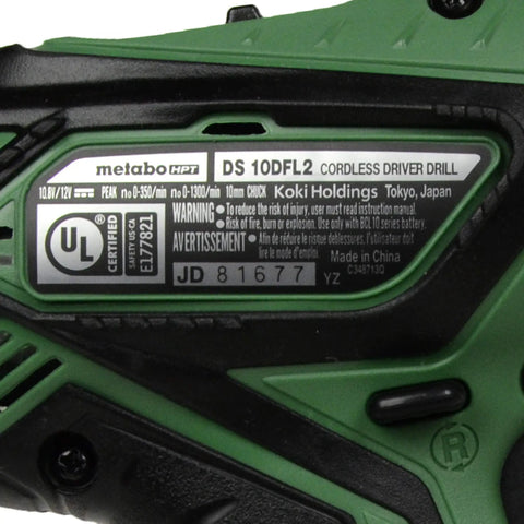 Close-up of DS10DFL2 12V Cordless Drill Driver label showing brand and certification details.