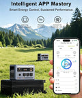 Portable 1800W Solar Generator Power Station With 1024Wh LiFePO4 Battery in a scenic campsite with app control display