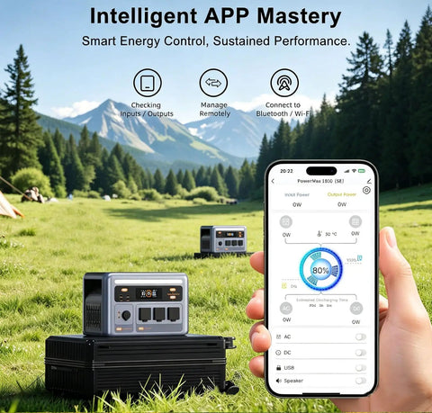 Portable 1800W Solar Generator Power Station With 1024Wh LiFePO4 Battery in a scenic campsite with app control display