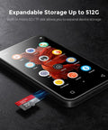 72GB MP3 Player With Bluetooth And 4.0 Inch Full Touchscreen showing expandable storage slot for microSD up to 512GB.