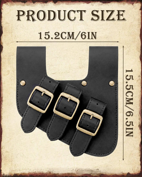 Medieval Viking Sword Frog Holster With Adjustable Belt Straps showing size 15.2cm by 15.5cm in black faux leather