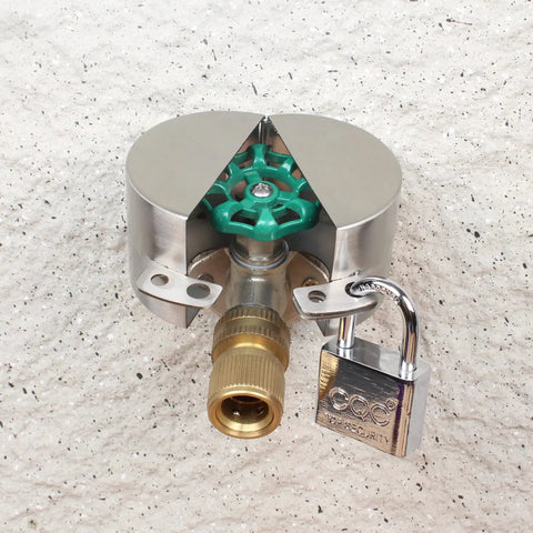 Stainless steel heavy duty outdoor faucet lock cover with padlock for standard hose bibs, installed, preventing unauthorized use and theft.