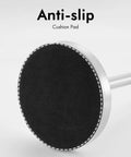 Anti-slip cushion pad on freestanding brushed stainless steel toilet paper holder with heavy base.