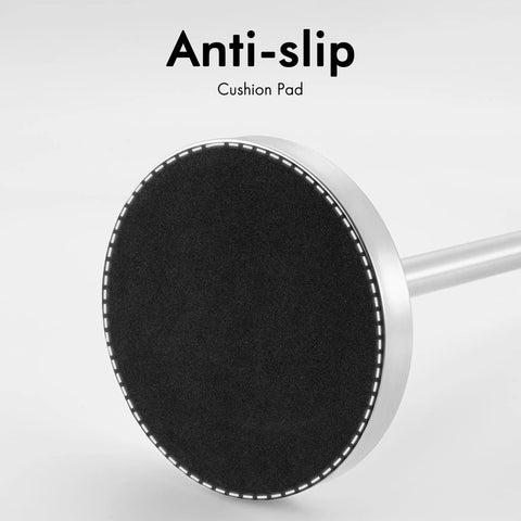 Anti-slip cushion pad on freestanding brushed stainless steel toilet paper holder with heavy base.