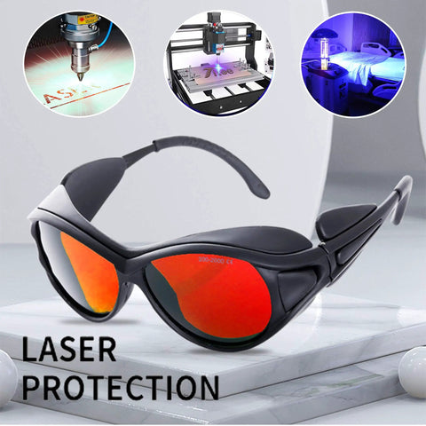 Pro Grade Laser Safety Goggles 532nm OD 6 Plus Eye Protection Glasses For Violet Blue Green Lasers 405nm 445nm 450nm 473nm 532nm Engraving Machines And Lab Use with red lenses and black frame displayed with laser engraving visuals in the background.