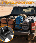 Ford F150 2015-2025 2 Pack Retractable Tie Down Straps securing luggage in truck bed, close-up of strap mechanism