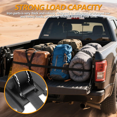 Ford F150 2015-2025 2 Pack Retractable Tie Down Straps securing luggage in truck bed, close-up of strap mechanism
