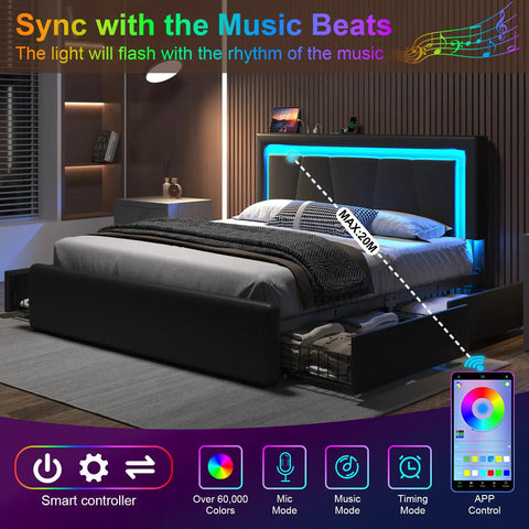 Rock Solid Full Size Bed Frame With Plush Faux Leather Upholstery And Four Seamless Gliding Storage Drawers Plus Handy LED Accent Lights