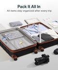Open 3 piece polycarbonate luggage set with organized clothes and accessories, showcasing packing efficiency for travel