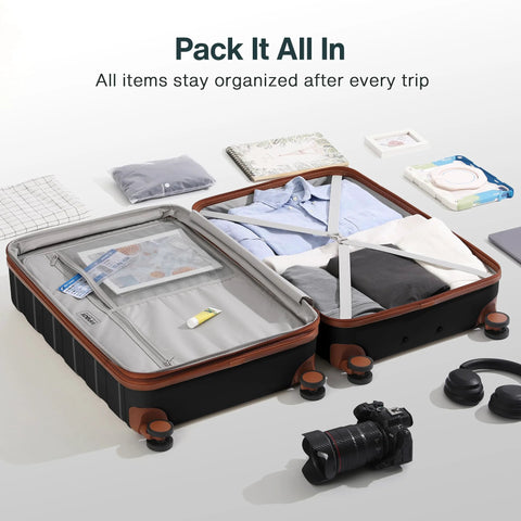 Open 3 piece polycarbonate luggage set with organized clothes and accessories, showcasing packing efficiency for travel