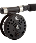 Close-up of reel from On The Go Fly Fishing Rod And Reel Combo With Carry Case Flies And Line Includes 8 Foot 3 Piece Rod Five Six Reel.
